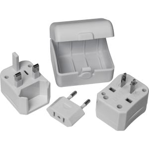 Reiseadapter in einem Kunststoffetui mit Adaptern für US, UK, AUS, Asien und EU in weiss