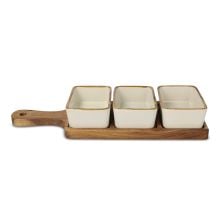 InSideOut Servierbrett aus Holz mit 3 Keramikschalen in ecru
