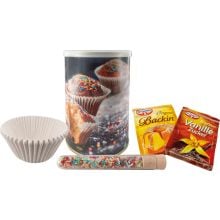 Muffinbäckerei in der Dose, 12 Papier-Muffinförmchen/ Vanillezucker/ Backpulver/ bunten Zuckerstreuseln (ca. 8 g)