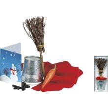 Schneemann-Bau-Set, Grußkarte mit Geschichte/ Zinkeimer (als Hut)/ Möhre/ Schal/ Kohle/ Besen